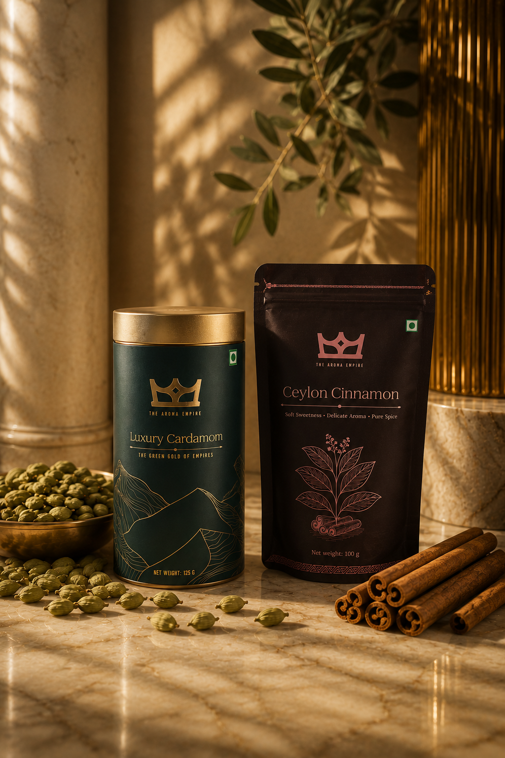 The Warmth Duo | The Aroma Empire Luxury Cardamom 125 Grams and The Aroma Empire Ceylon Cinnamon 100 Grams | Pack of 2