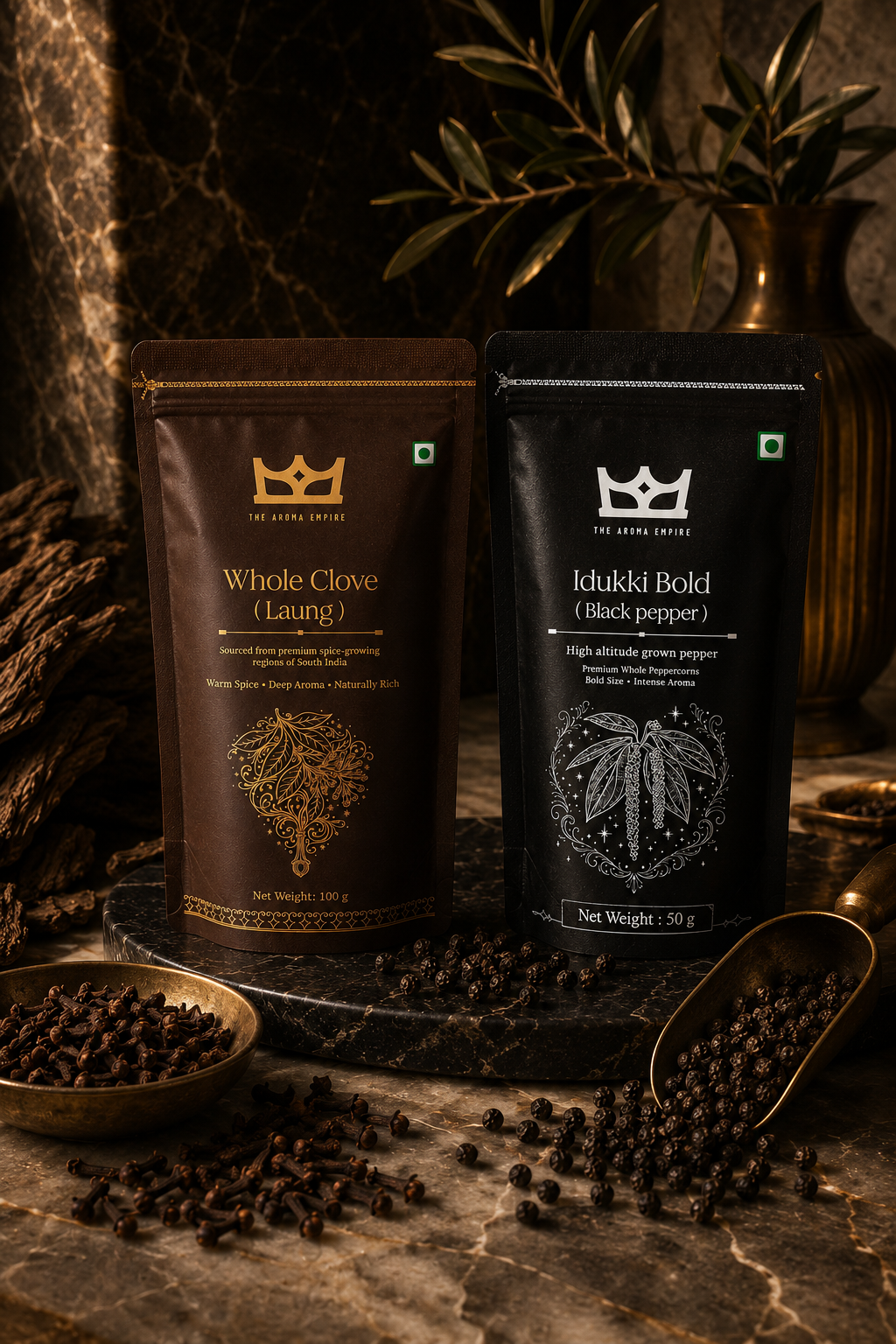 The Depth Duo | The Aroma Empire Whole Cloves 100 Grams and The Aroma Empire Idukki Bold Black Peppercorns 50 Grams | Pack of 2