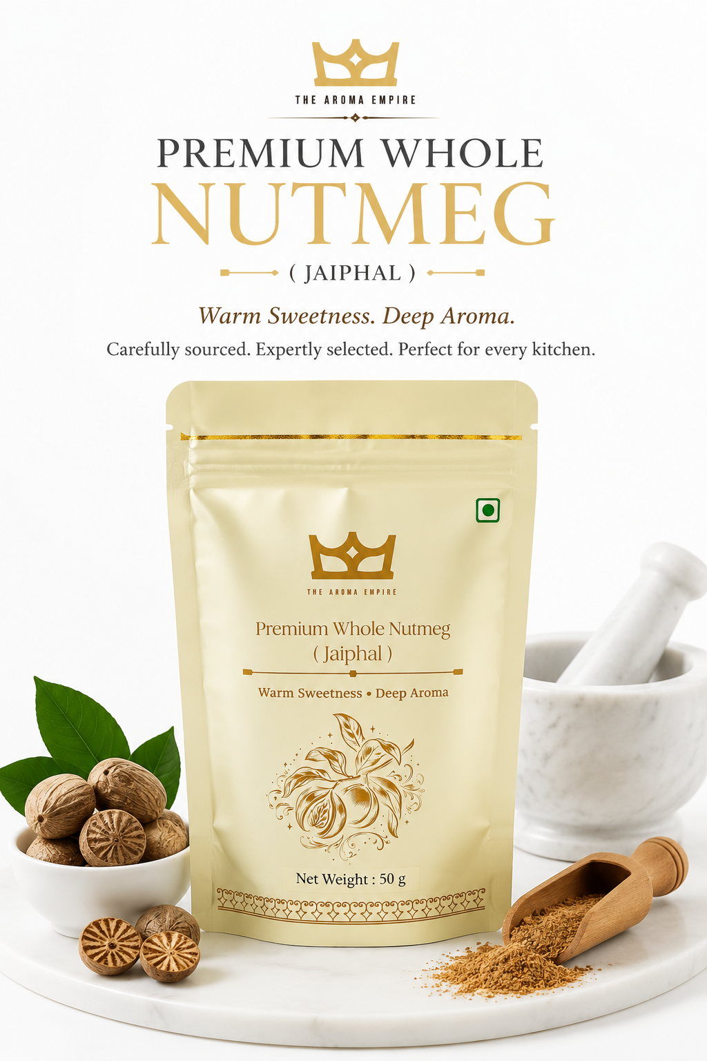 The Aroma Empire Premium Whole Nutmeg (Jaiphal) 50g | High Quality Whole Jaiphal Spice | Natural Aromatic Nutmeg for Cooking, Baking & Traditional Recipes