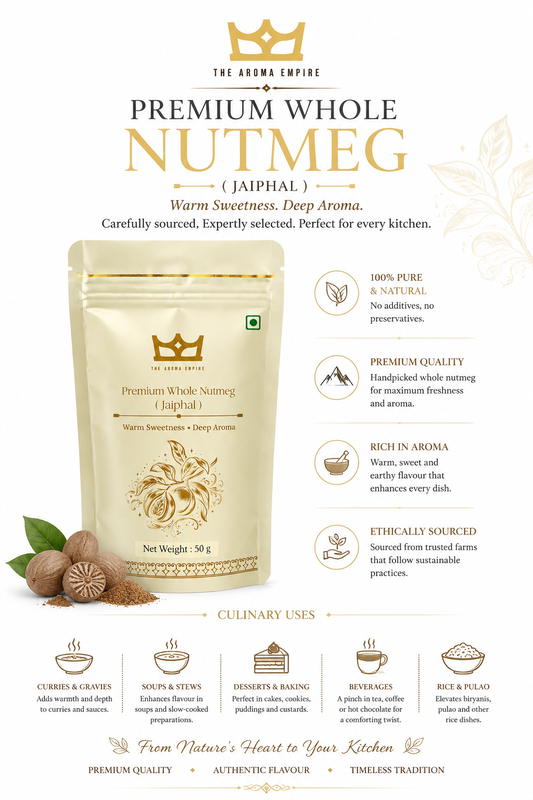 The Aroma Empire Premium Whole Nutmeg (Jaiphal) 50g | High Quality Whole Jaiphal Spice | Natural Aromatic Nutmeg for Cooking, Baking & Traditional Recipes