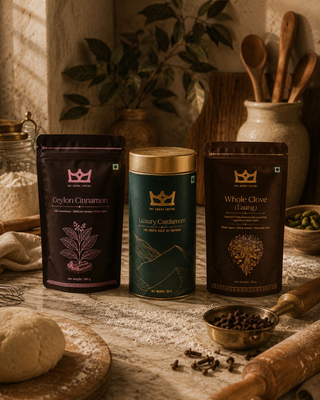 The Tea Ritual Collection | The Aroma Empire Luxury Cardamom 125 grams, The Aroma Empire Ceylon Cinnamon 100 grams And The Aroma Empire Whole Cloves 100 Grams | Pack of 3