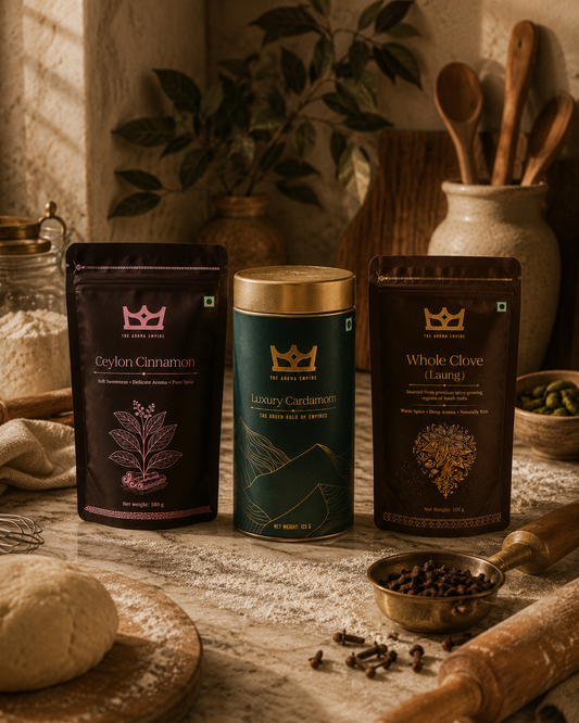 The Tea Ritual Collection | The Aroma Empire Luxury Cardamom 125 grams, The Aroma Empire Ceylon Cinnamon 100 grams And The Aroma Empire Whole Cloves 100 Grams | Pack of 3