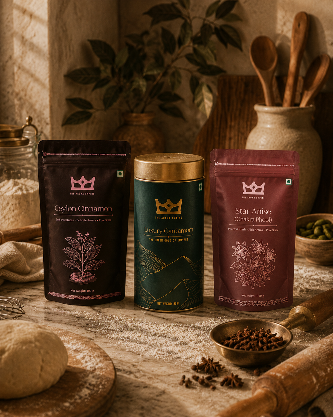 The Artisan Baking Collection | The Aroma Empire Luxury Cardamom 125 grams, The Aroma Empire Ceylon Cinnamon 100 grams And The Aroma Empire Star Anise 100 Grams | Pack of 3